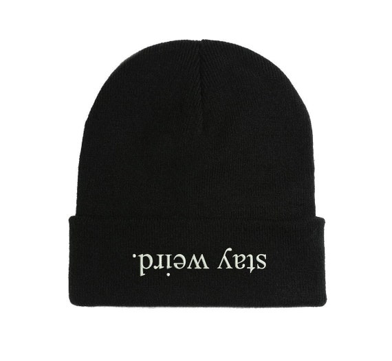 Stay Weird Funny Reversed Logo Embroidered Beanie Hat Winter  display picture 1