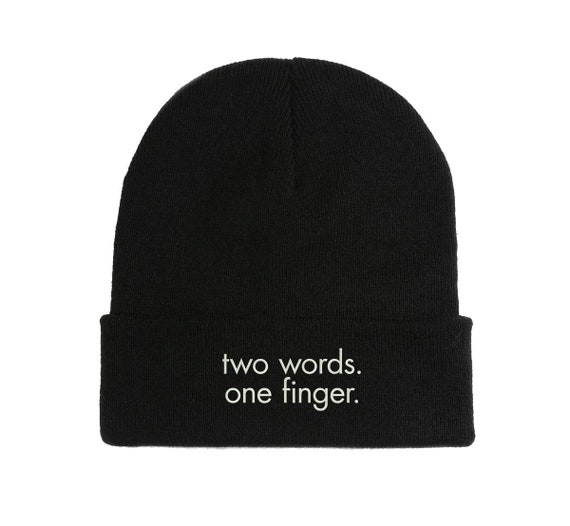 Two Words One Finger Funny Embroidered Beanie Hat Winter Autumn