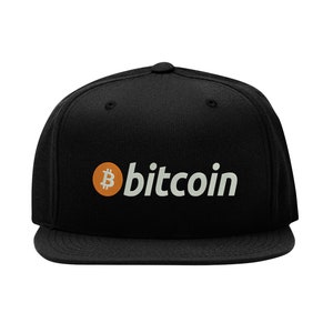 May include: Black baseball cap with a white "bitcoin" logo and an orange bitcoin symbol.