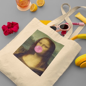 Mona Lisa Bubble Gum Funny Organic Cotton Reusable Tote Shopping Bag