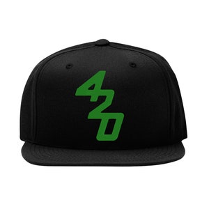 May include: Black baseball cap with a green 420 logo.
