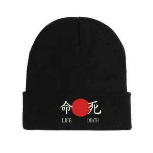 Life Death Japanese Sun Kanji Symbols Embroidered Beanie Hat Winter Autumn Cap Warm Soft Comfortable