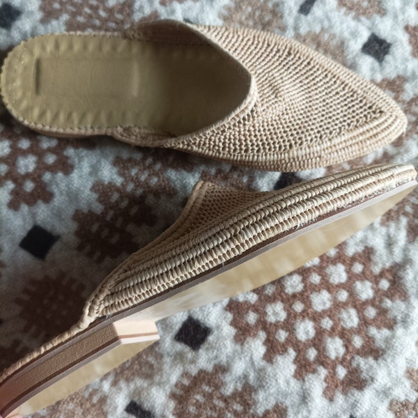 Handmade Moroccan raffia and leather slippers