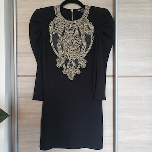Designer bodycon little black Armani exchange dress with golden chain link embellished front