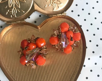 Pumpkin Spice Vintage Orange Beaded Cluster Clip On Earrings