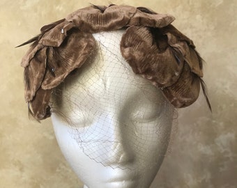 Vintage 1950's Chocolate Brown Velvet Arch with Feather and Rhinestones And Accent Bow with Delicate Netting
