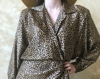 Amazing Vintage 1980s Animal / Leopard / Cheetah Print Wrap Dress by Frances Henaghan Size 12