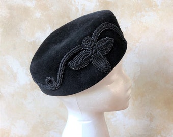 Vintage Marche Exclusive Navy Blue Velour Beaded Hat from the 1960s