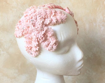 Pretty in Pink Vintage 1950s Headband Hat with Gorgeous Floral Detail and Silver Rhinestones