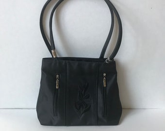 Vintage 1990s Strappy Top Handles Mod Black Handbag / Shoulder Bag / Purse / Tote with Floral Embroidery and Zip Pockets