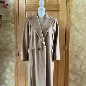 Beautiful Vintage 1980's Long Caramel Camel Tan Double Breasted Wool Coat by Bill Blass from Dayton's Oval Room