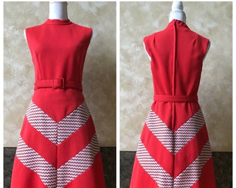 Mod Vintage Vibrant Orange White and Gray 1960s / 1970s Chevron Dress by College Girl of New York / London / Montreal