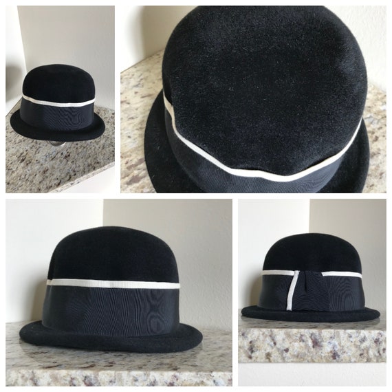 Vintage 1940s / 1950s Black Velour Hat with Black… - image 3