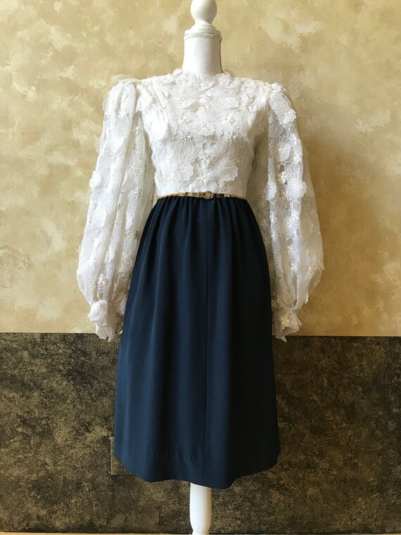 Vintage 80s Does 40s Floral Appliqué Puffy Sleeve Navy Dress