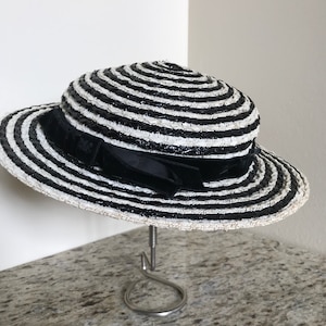 Vintage 1960s Audrey Hepburn Vibe Creamy Straw Hat with Black Bow and Black Pinstripes Straw Hat by Betmar