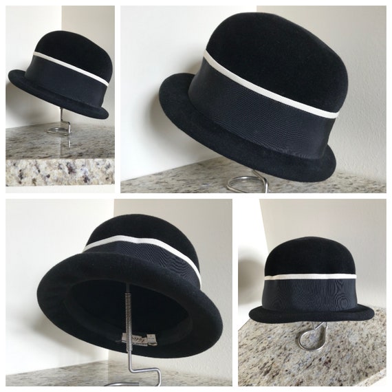 Vintage 1940s / 1950s Black Velour Hat with Black… - image 2