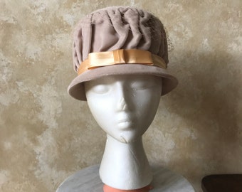 Vintage 1940s / 1950s Beige Velvet Hat with Bunched Fabric, Netting Veil, and Peach Ribbon Bow