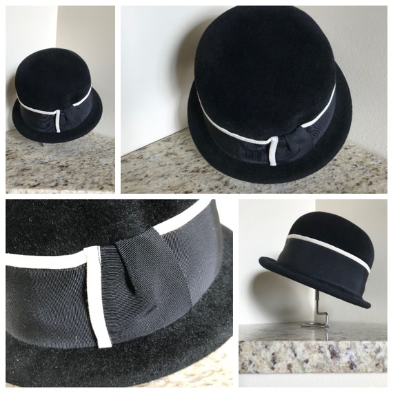 Vintage 1940s / 1950s Black Velour Hat with Black… - image 1