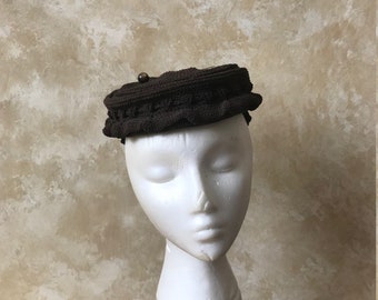Vintage 1940s / 1950's Brown Adjustable Headband / Hat with Matching Petite Bow With Matching Hat Pin