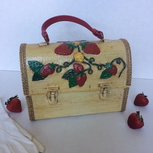 Vintage Hand Painted Decoupage Strawberry Fields Novelty Handbag / Purse / Thermos Lunchbox