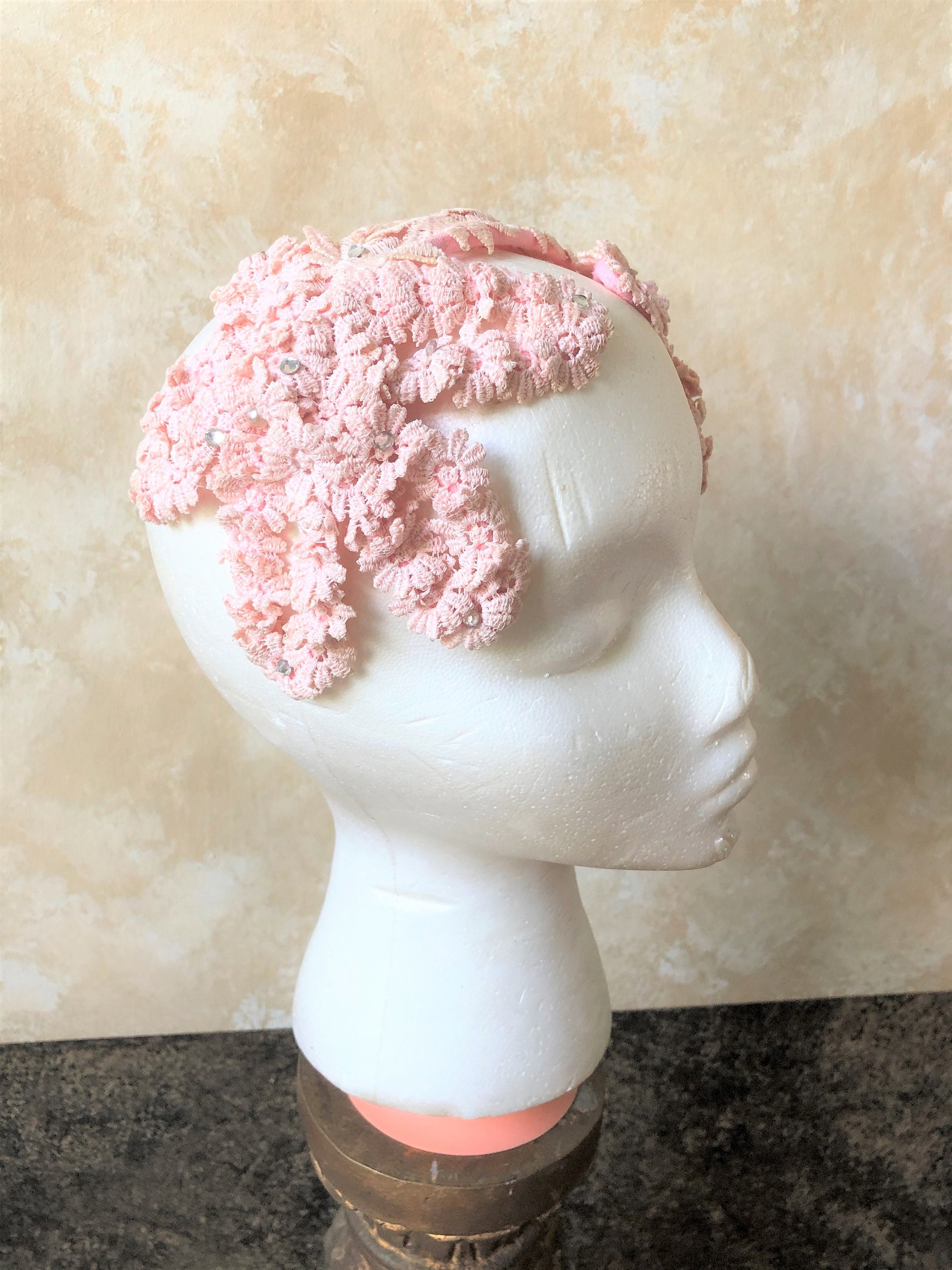 Vintage 1950s Pink Floral Headband Hat With Rhinestones - Etsy