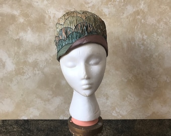 Remarkable AS IS Vintage 1920s / 1930s Earth Tones Straw Cloche Sage Green and Brown / Tan Cloche Flapper Hat Made in France
