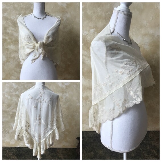 Vintage Creamy Yellowish/Tan Scarf / Shawl with D… - image 1