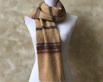 Beautiful Acrylic Scarf Made by "The Cashmere Look" Tan / Khaki with Orange and Gray Stripes Scarf Made in the USA