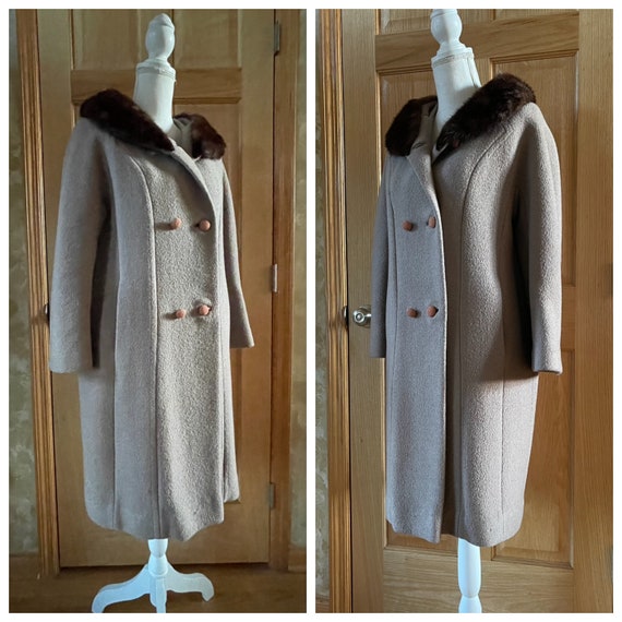 Vintage 1950s/60s  Beige / Taupe wool coat with F… - image 4