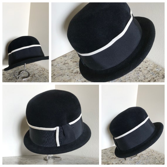 Vintage 1940s / 1950s Black Velour Hat with Black… - image 5