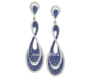 Round Blue Sapphire CZ Diamond Infinity Shape Chandelier Drop Earrings 14k White Gold Finish 925 Sterling Silver