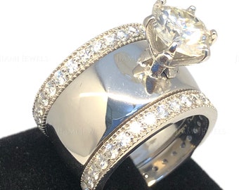 5Ct GRA Moissanite Trio Ring Set | Wide Band 6-Prong Round Solitaire Engagement Ring | 925 Silver 14k White Gold Finish Bridal Jewelry Gift