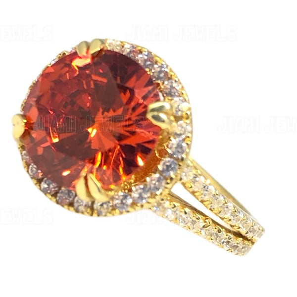 Bague diamant CZ et saphirs padparadscha orange - fiançailles rondes avec halo fendu, finition or rose 14 carats, bijoux tendance en argent sterling 925