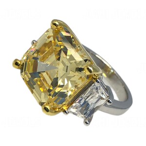 Canary Yellow Asscher Cut Cocktail Ring: 925 Silver 14k White Gold Finish