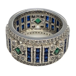 Sapphire Emerald CZ Sterling Silver Eternity Ring - 14k White Gold Finish