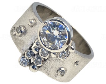 Unique Round Bezel Set Moissanite Bubble Ring | Wide Matte Satin 14k White Gold Finish 925 Sterling Silver | 0.8Ct VVS1D GRA Certified Stone