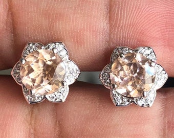 Simulated Round Pink Morganite Flower Halo Stud Earrings Moissanite 925 Silver White Gold