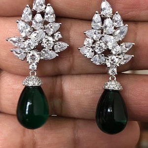 Tear Drop Emerald Green CZ Diamond Dangle Earrings, Floral Cluster Design, 14k White Gold Finish 925 Sterling Silver Designer Deco Jewelry
