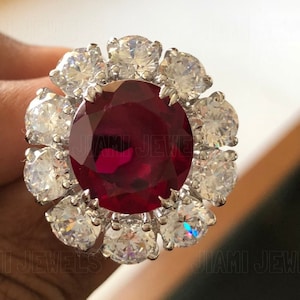 Anello Art Déco con rubino simulato: anello da cocktail con alone floreale in argento sterling