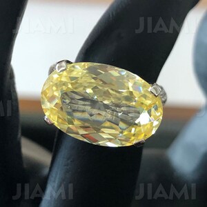 Canary Yellow CZ Diamond Ring Big Oval Cocktail Statement 14k White Gold 925 Silver