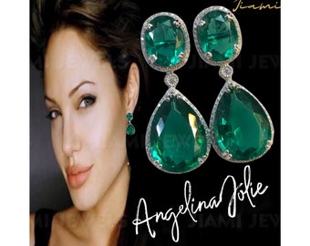 Angelina Jolie Emerald Drop Earrings in Silver with Colombian Zambian Shade,Emerald Chandelier Dangle Drop Silver Pageant Earings,14k White