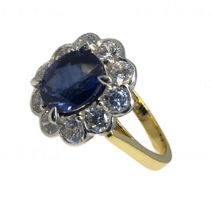 4Ct Oval Cut Blue Sapphire Simulated Diamond CZ Art Deco Filigree Statement Wedding Engagement Floral Halo Ring 14K Yellow Gold Finsh Silver