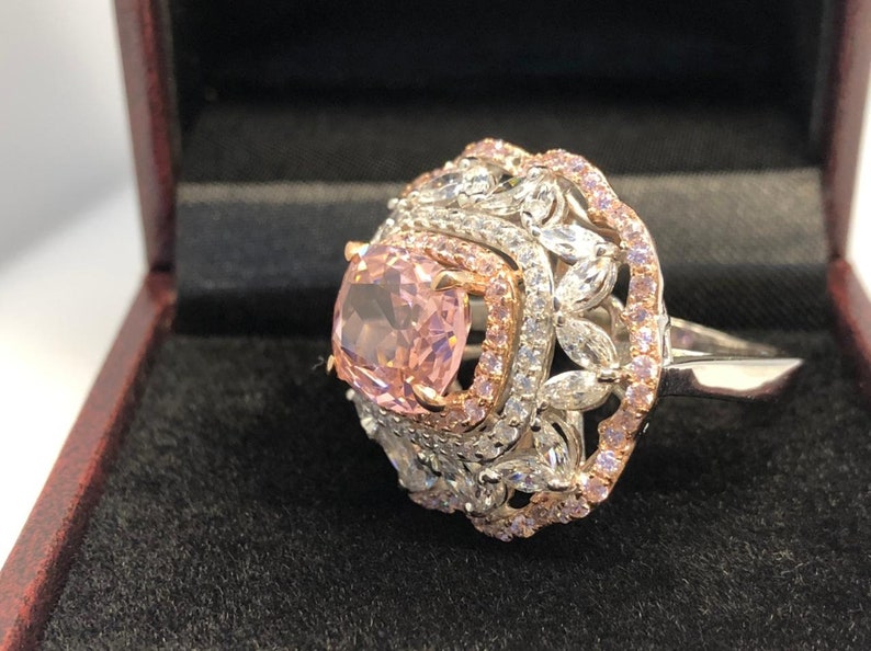 5Ct Cushion Cut Simulant Pink Diamond Halo Floral Art Deco Engagement Statement Ring White Gold Finish Silver Free Worldwide Shipping