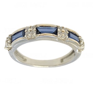 Baguette Sapphire CZ Diamond 3-Stone Ring - Simulated Blue Gemstone Engagement Band - 14k White Gold Finish 925 Sterling Silver Gift for Her