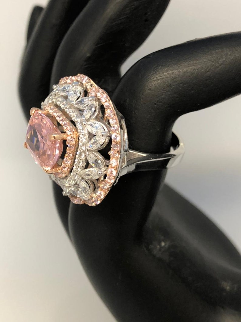 5Ct Cushion Cut Simulant Pink Diamond Halo Floral Art Deco Engagement Statement Ring White Gold Finish Silver Free Worldwide Shipping