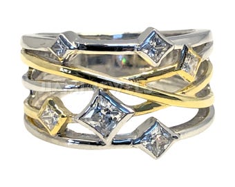 Princess Cut Simulated Diamond Two Tone Ring – Bezel Set Crossover Engagement Band – 14k White Gold 925 Sterling Silver Wedding Gift for Her