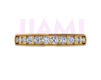 Moissanite Wedding Band Ring for Women | Dainty Milgrain Band | 925 Silver Gold Finish