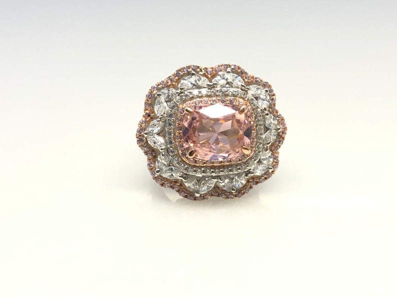 5Ct Cushion Cut Simulant Pink Diamond Halo Floral Art Deco Engagement Statement Ring White Gold Finish Silver Free Worldwide Shipping