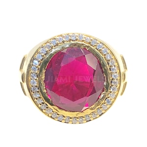 Men’s Vintage Bishop Ring Bezel Set Oval Ruby Moissanite 14k Gold Finish 925 Silver
