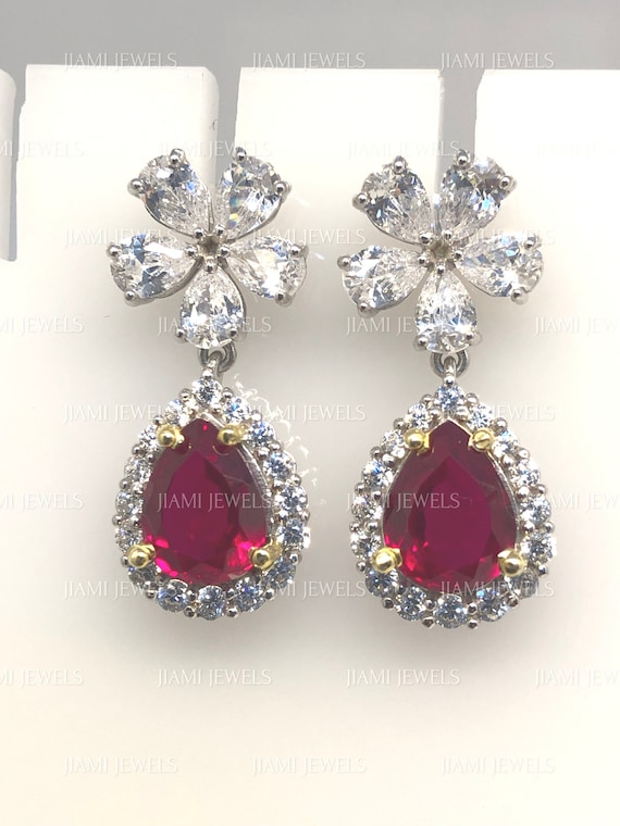 Dainty Flower Shape Ruby CZ Diamond Earrings Pear Cut Halo Dangle Drop Setting 14k White Gold Finish 925 Sterling Silver Jewelry Custom Etsy Canada